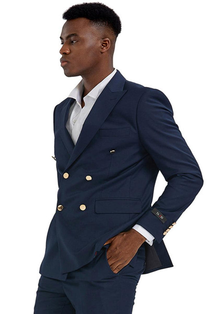 Tazio Men's Navy Blue Slim Fit Double Breasted Wedding Suit with Gold Buttons - Elegant Mensattire