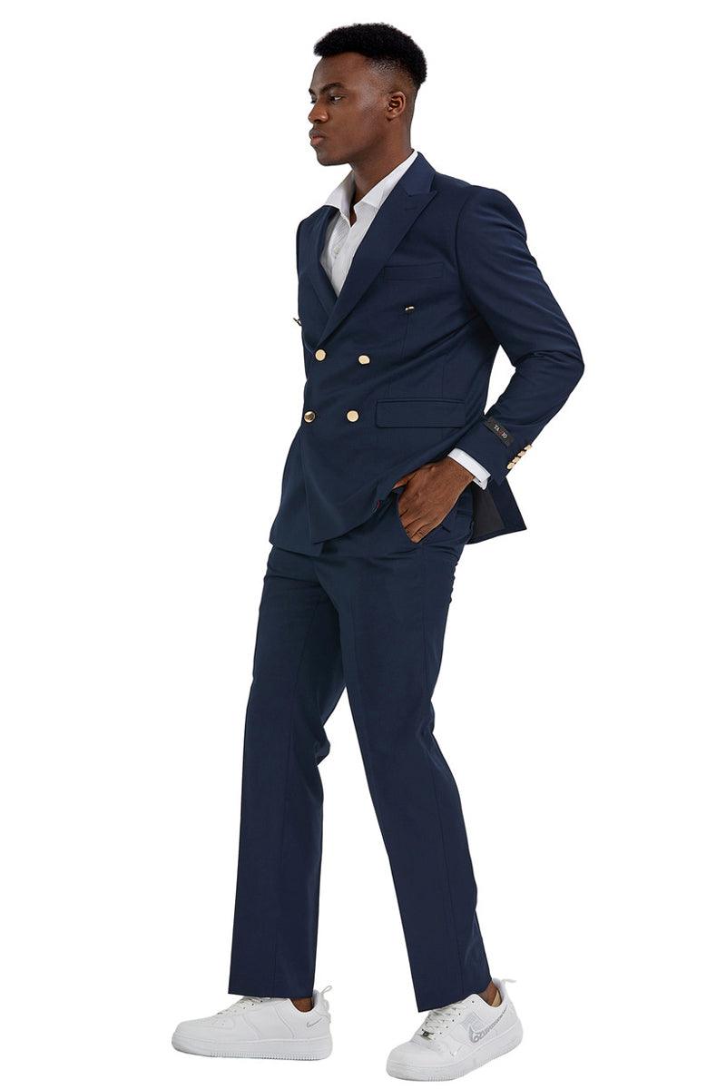 Tazio Men's Navy Blue Slim Fit Double Breasted Wedding Suit with Gold Buttons - Elegant Mensattire