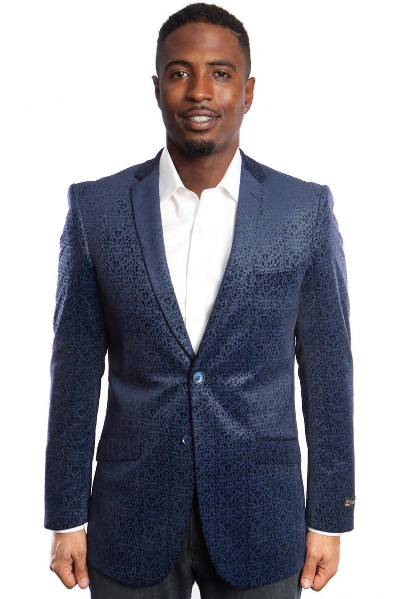 "Tazio Men's Navy Blue Velvet Blazer w/ Organic Pattern - 2 Button" - Elegant Mensattire