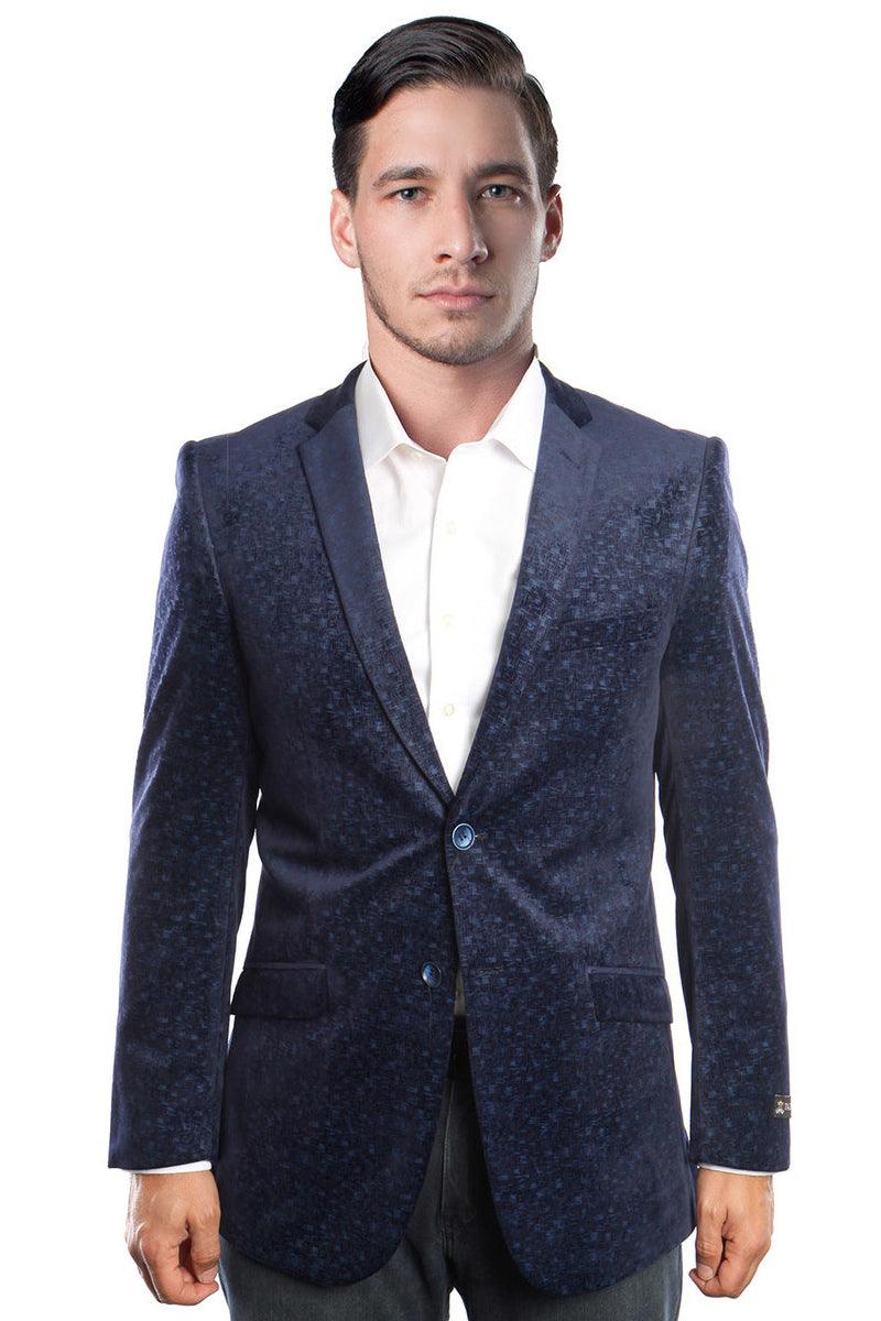 Tazio Men's Navy Blue Velvet Two-Button Blazer: Modern Weave Design - Elegant Mensattire