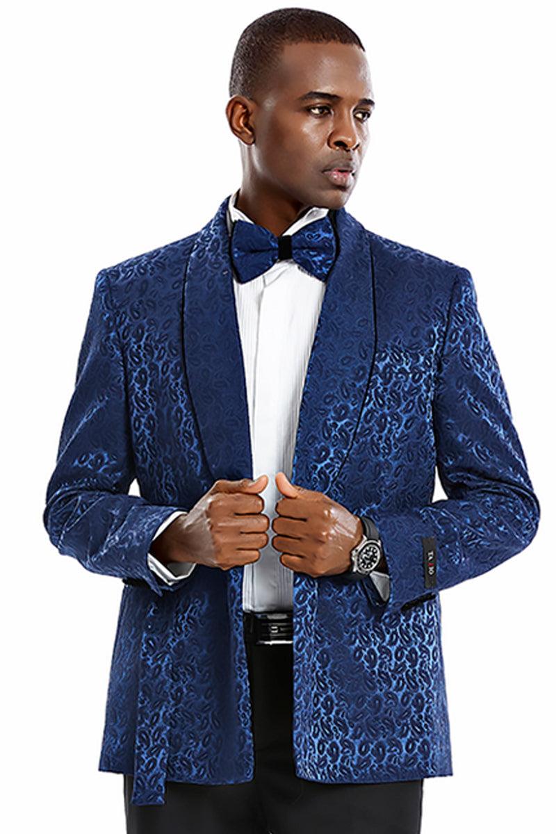 "Tazio Men's Navy Paisley Double-Breasted Slim-Fit Tuxedo Smoking Jacket" - Elegant Mensattire