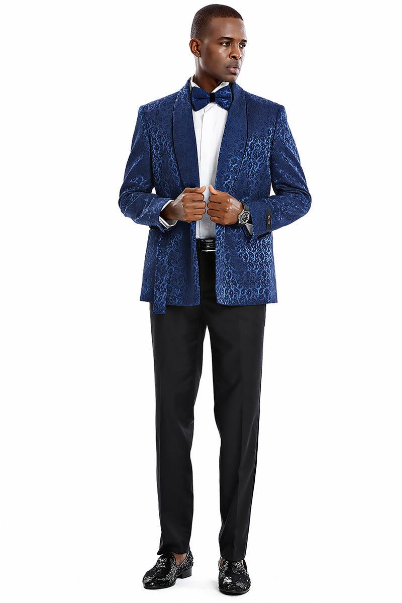 "Tazio Men's Navy Paisley Double-Breasted Slim-Fit Tuxedo Smoking Jacket" - Elegant Mensattire