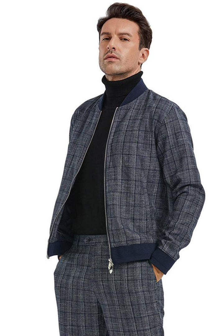 "Tazio Men's Navy Plaid Walking Track Suit Jacket & Pant Set" - Elegant Mensattire