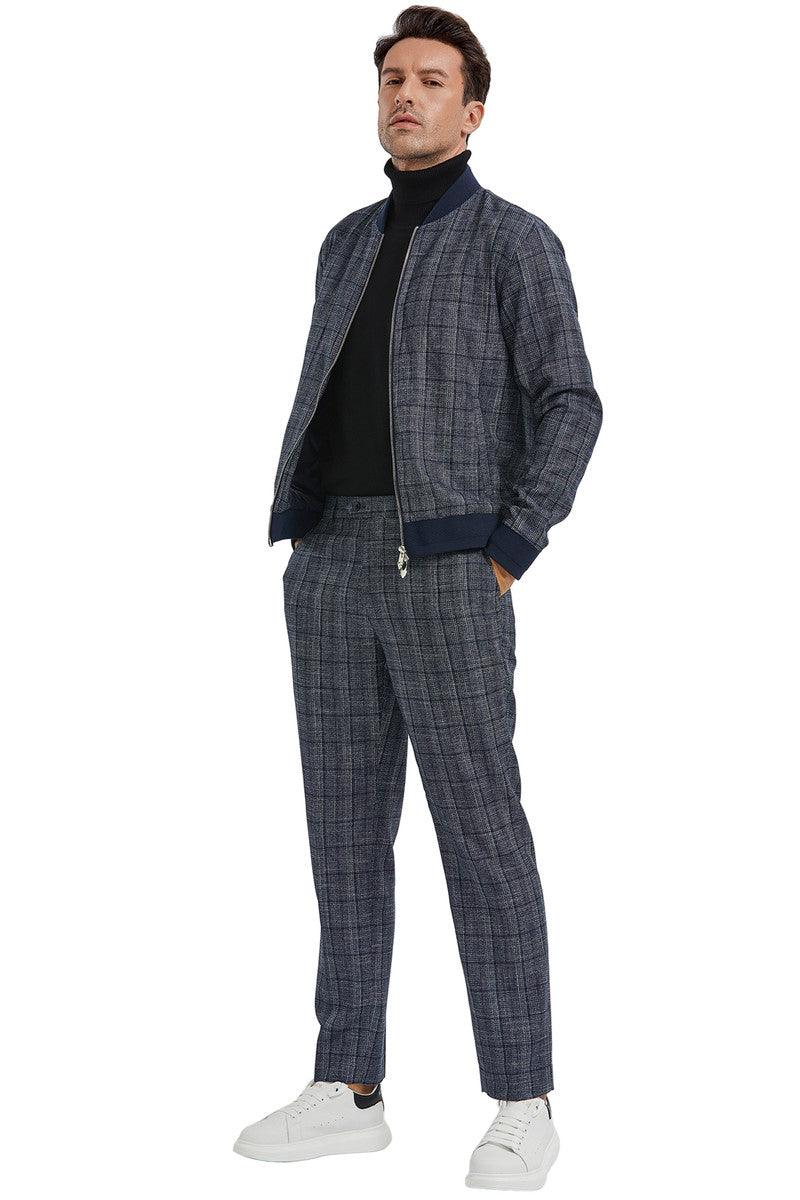 "Tazio Men's Navy Plaid Walking Track Suit Jacket & Pant Set" - Elegant Mensattire