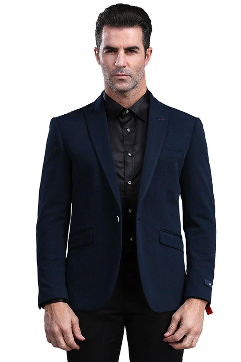 Tazio Men's Navy Skinny-Fit Blazer with Peak Lapel & Button - Elegant Mensattire