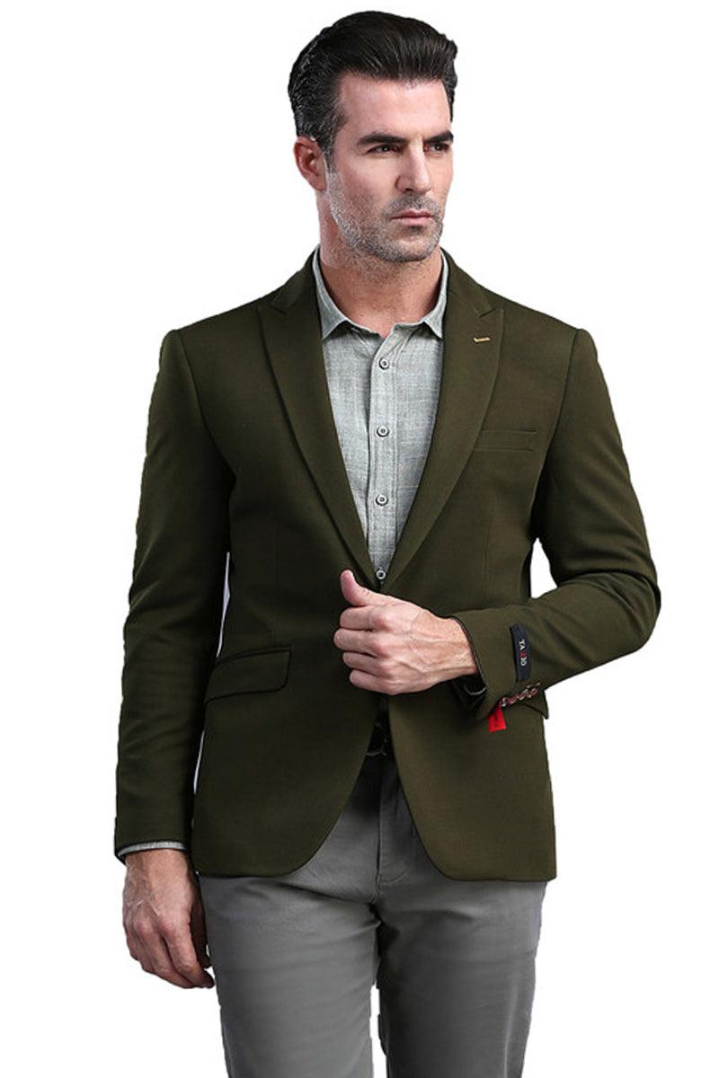 Tazio Men's Olive Green One-Button Peak Lapel Skinny Fit Blazer - Elegant Mensattire