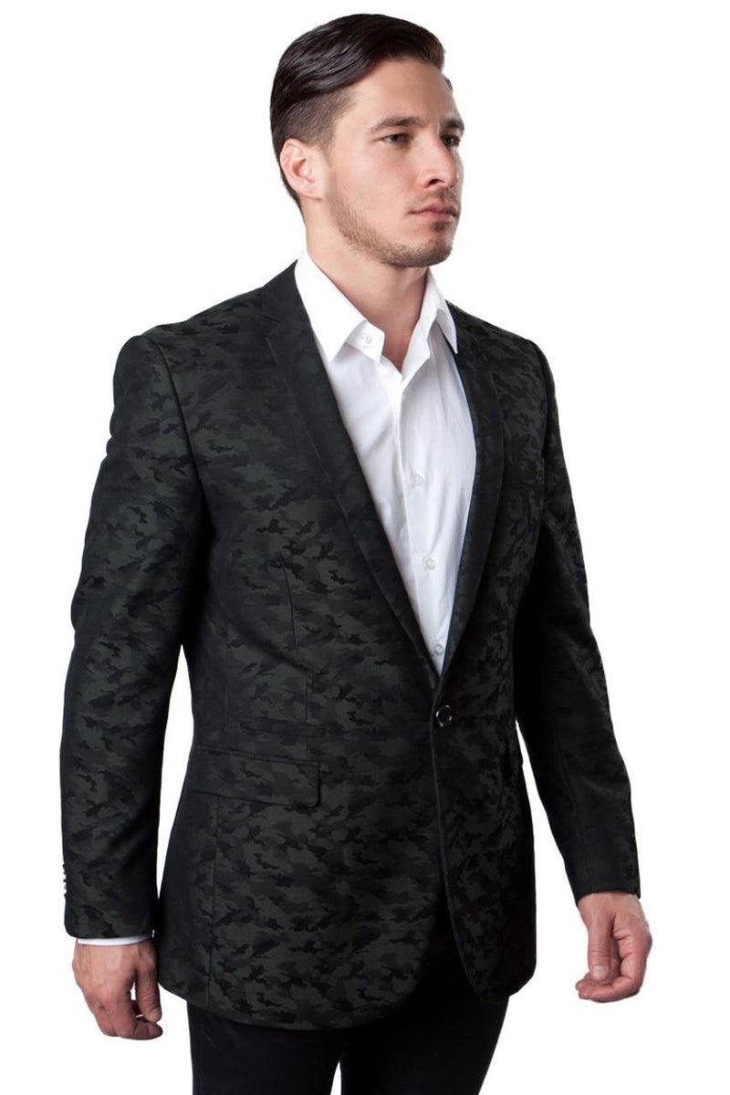 Tazio Men's One Button Camo Sports Coat - Dark Green Sophistication - Elegant Mensattire