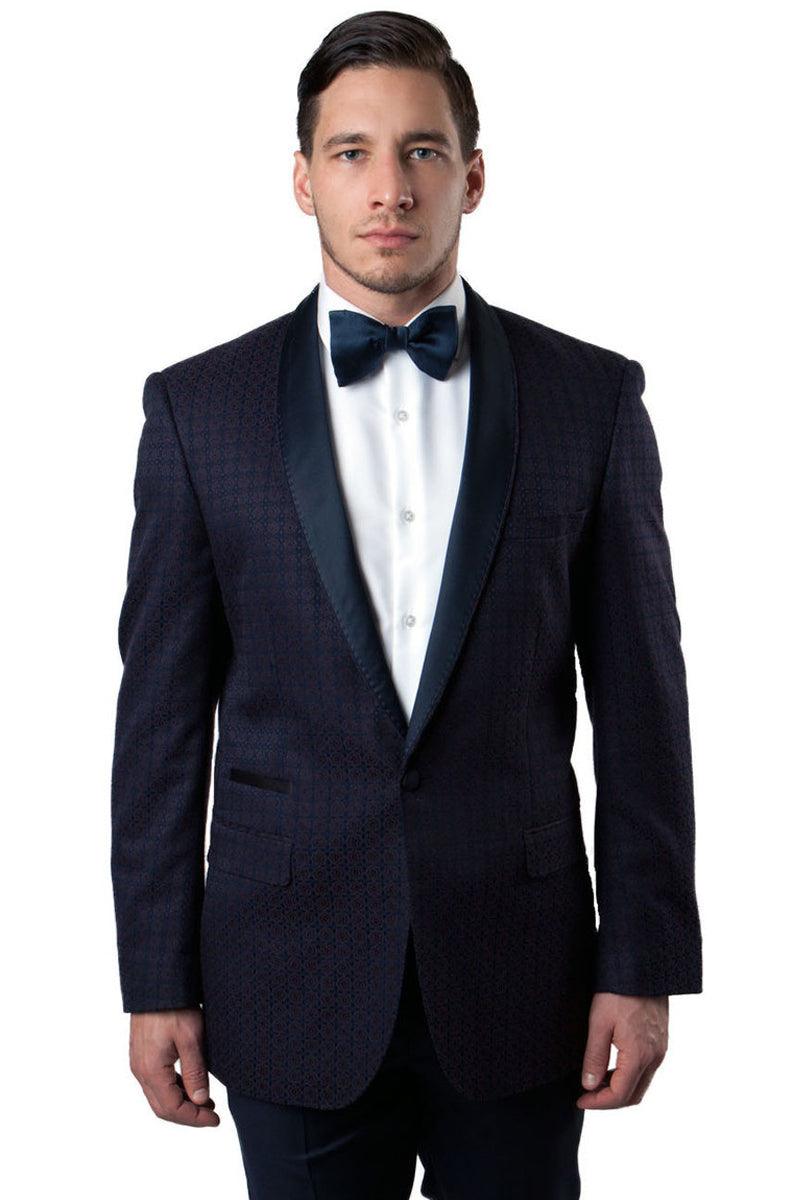 Tazio Men's One-Button Check Shawl Tux Jacket in Blue & Burgundy - Elegant Mensattire