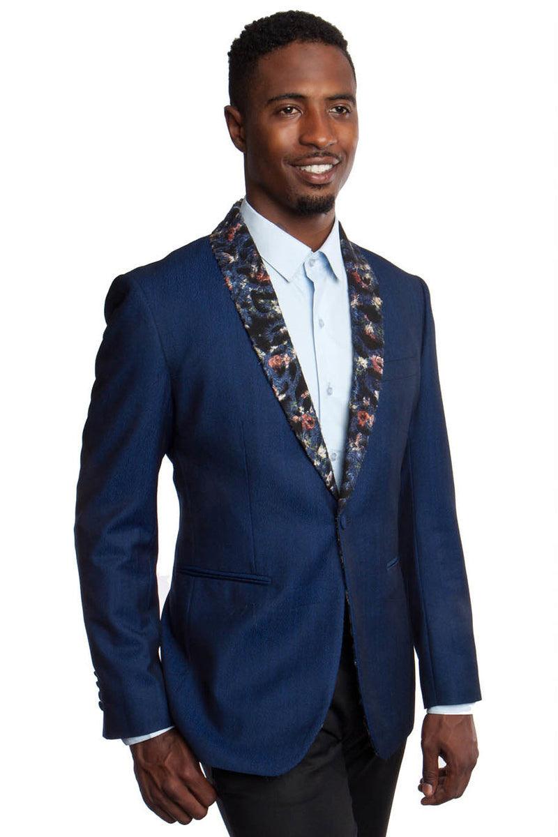 Tazio Men's One-Button Navy Floral Dinner Jacket - Slim Fit Lapel - Elegant Mensattire