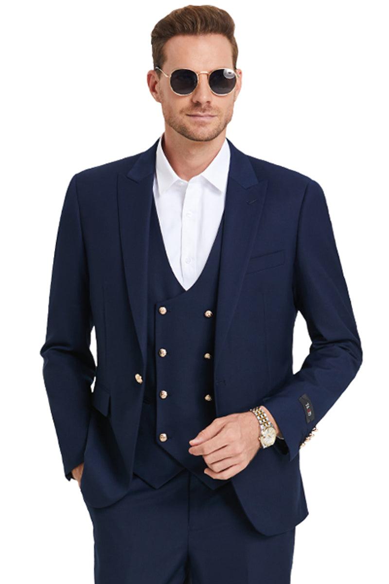 Tazio Men's One-Button Navy Suit with Gold Peak Lapel & Buttons - Elegant Mensattire