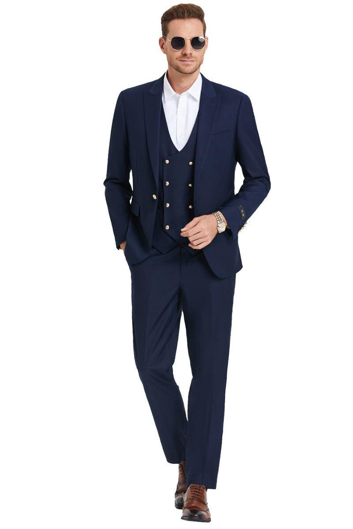 Tazio Men's One-Button Navy Suit with Gold Peak Lapel & Buttons - Elegant Mensattire