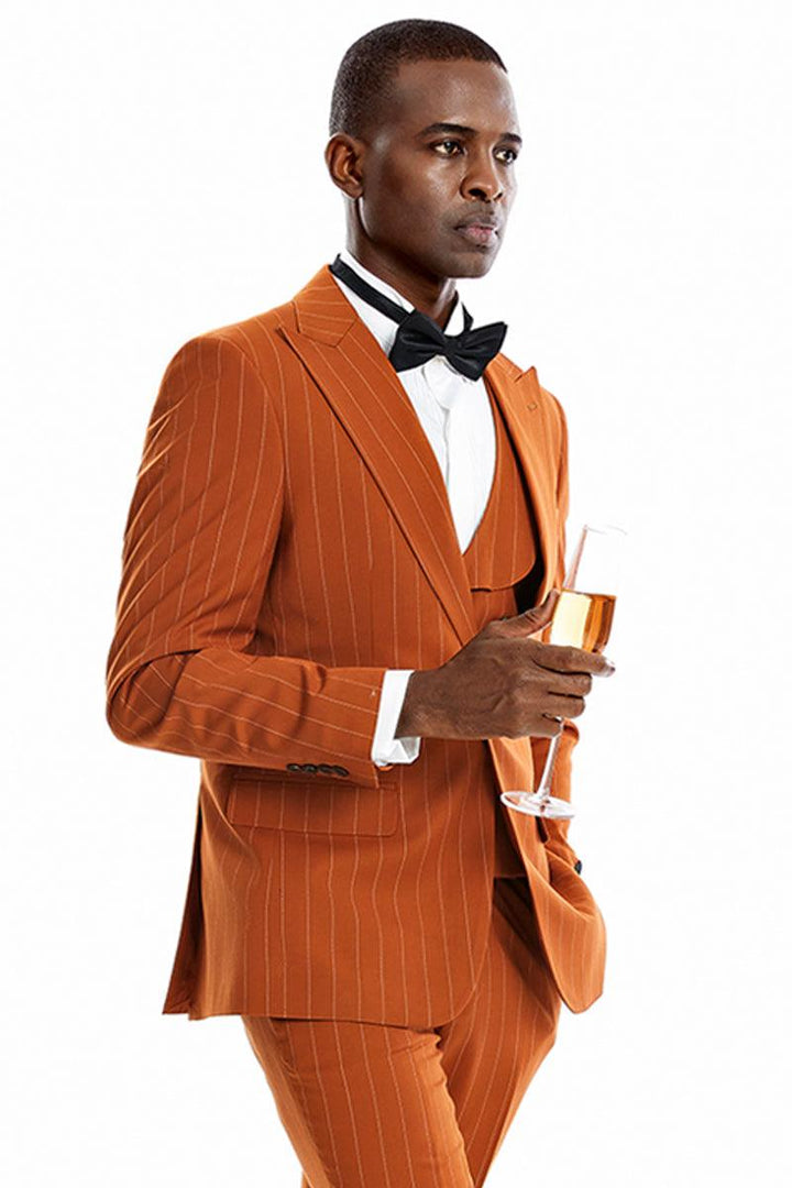 Tazio Men's One-Button Pinstripe Suit -Wide Peak Lapel, Bold Gangster Pattern in Orange Rust - Elegant Mensattire