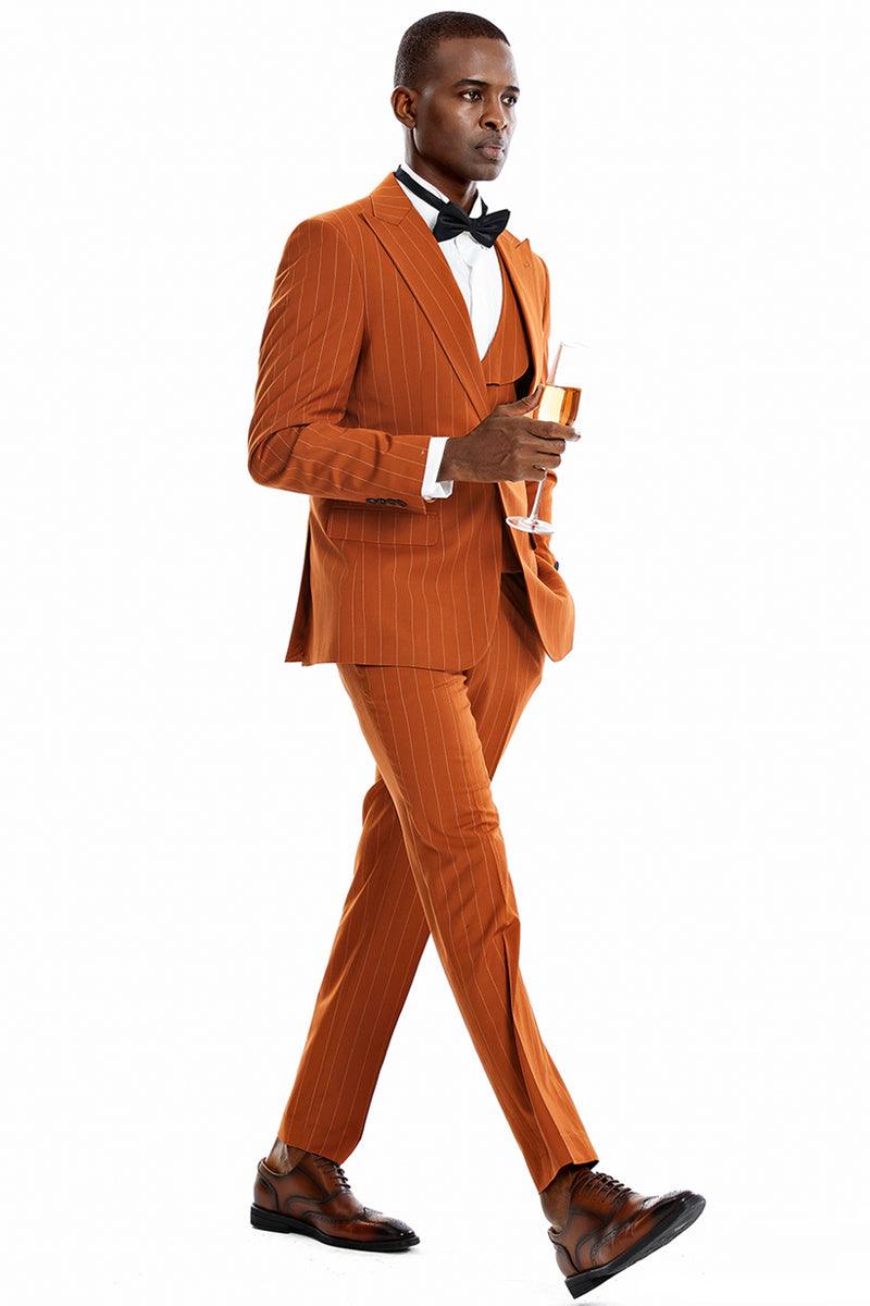 Tazio Men's One-Button Pinstripe Suit -Wide Peak Lapel, Bold Gangster Pattern in Orange Rust - Elegant Mensattire