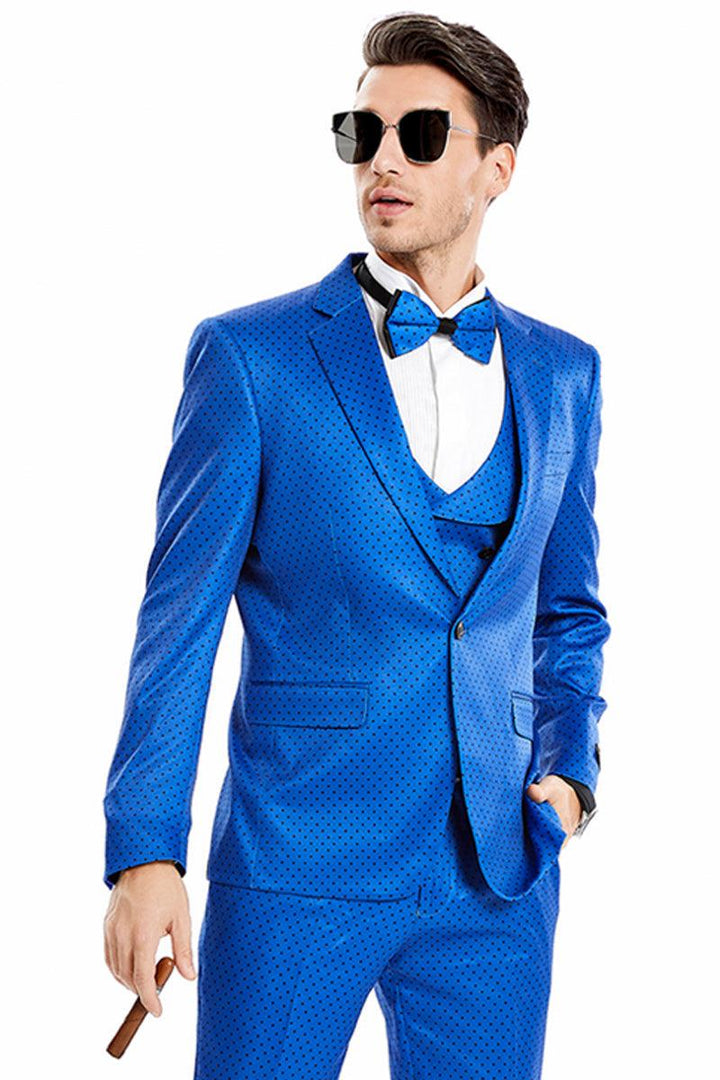 Tazio Men's One-Button Polka Dot Prom Suit in Royal Blue & Black - Elegant Mensattire