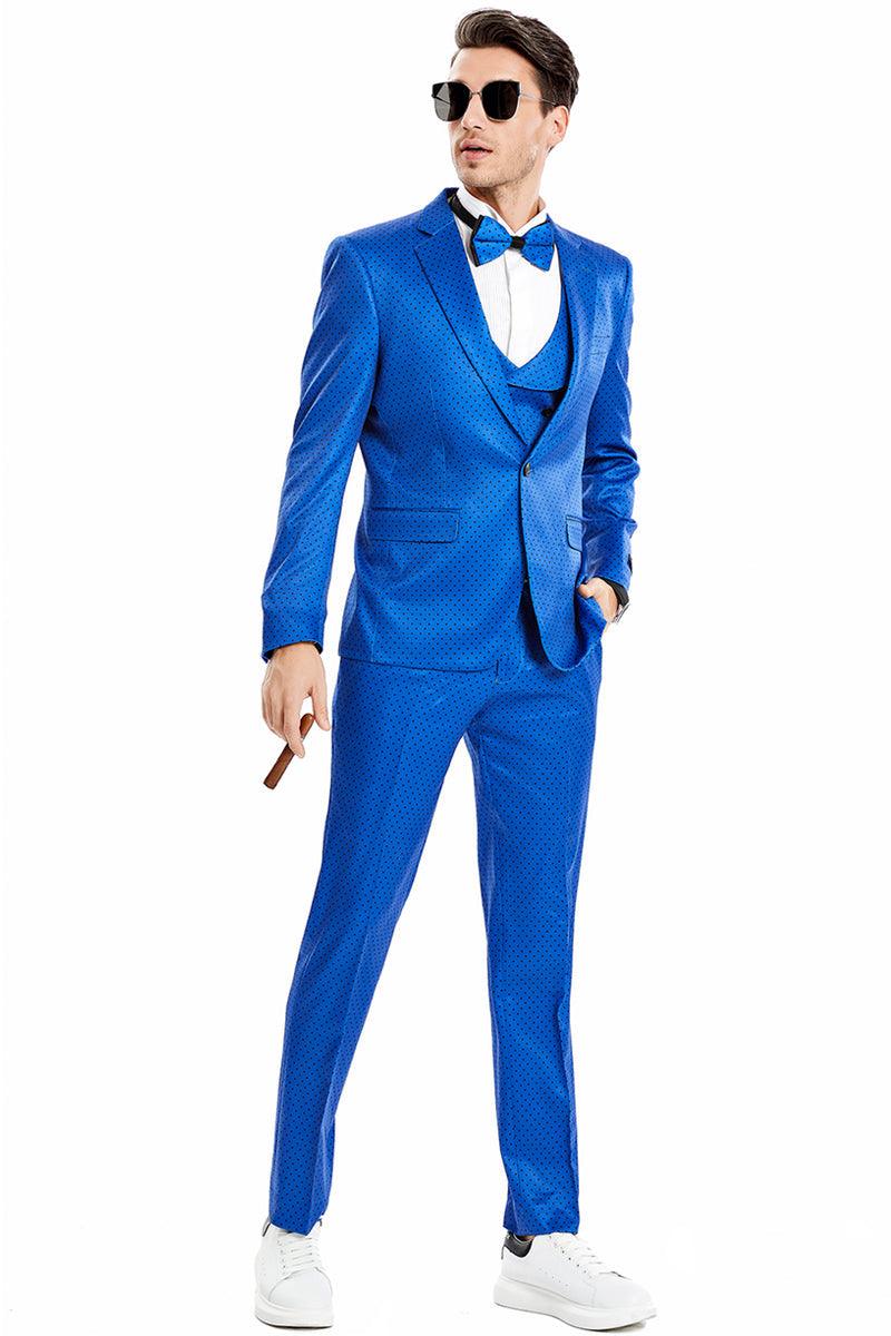 Tazio Men's One-Button Polka Dot Prom Suit in Royal Blue & Black - Elegant Mensattire