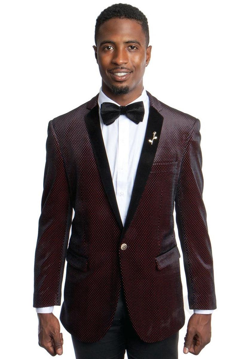 Tazio Men's One-Button Velvet Tuxedo Jacket, Slim Fit, Black/Red - Elegant Mensattire