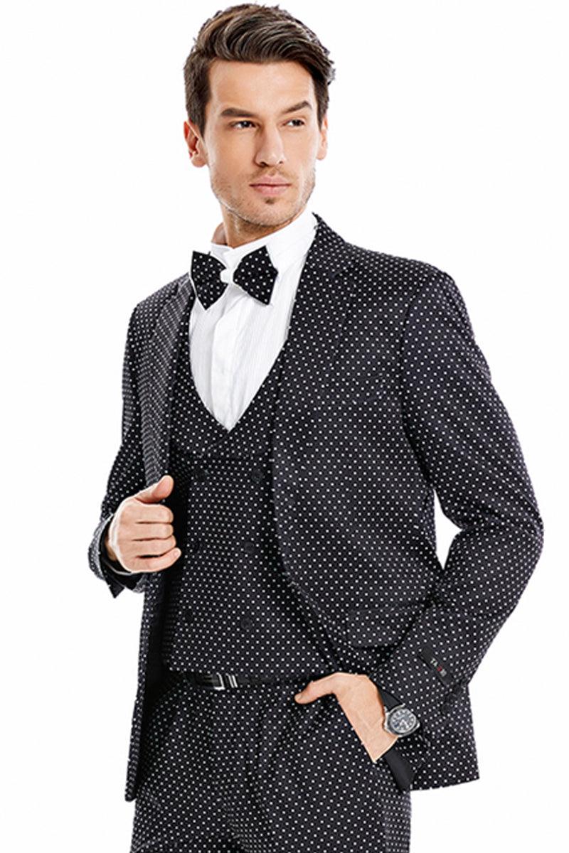 Tazio Men's One-Button Vested Prom Suit, Black & White Mini Polka Dot - Elegant Mensattire