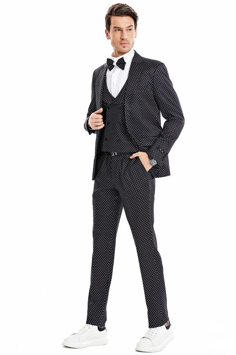 Tazio Men's One-Button Vested Prom Suit, Black & White Mini Polka Dot - Elegant Mensattire