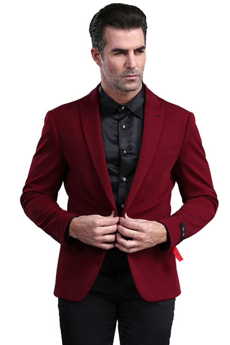 "Tazio Men's Peak Lapel One-Button Blazer - Burgundy Skinny Fit" - Elegant Mensattire