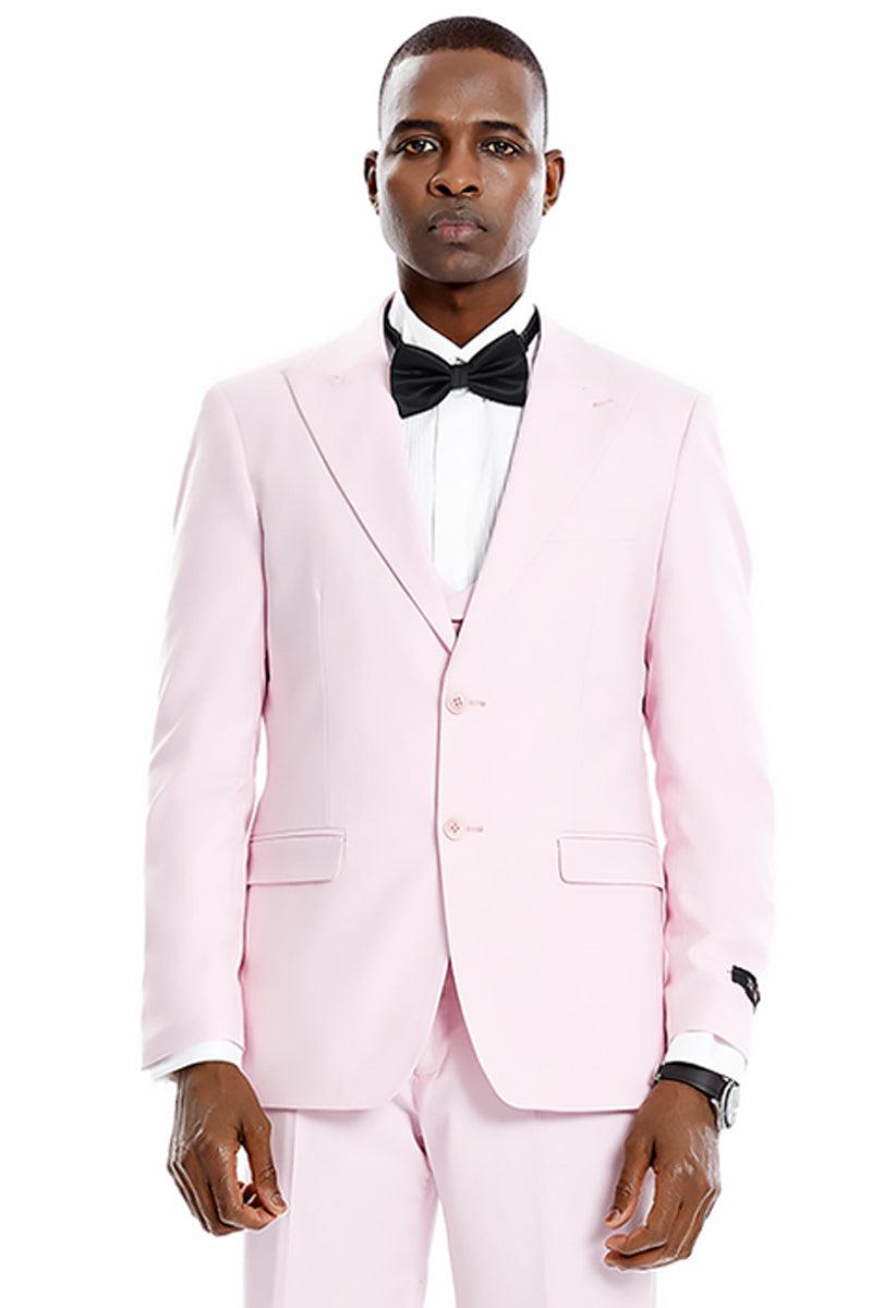 Tazio Men's Pink Pastel Vested Peak Lapel Suit, Perfect for Weddings & Proms - Elegant Mensattire