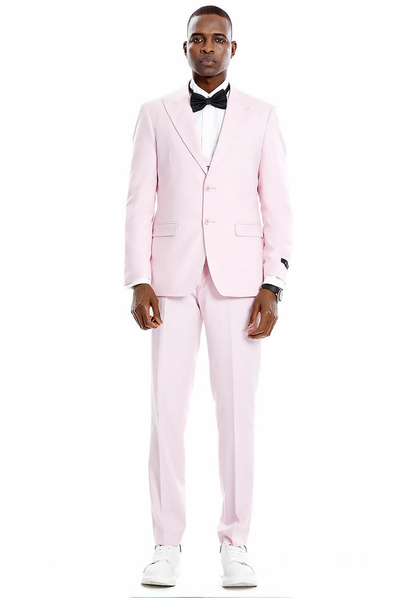 Tazio Men's Pink Pastel Vested Peak Lapel Suit, Perfect for Weddings & Proms - Elegant Mensattire