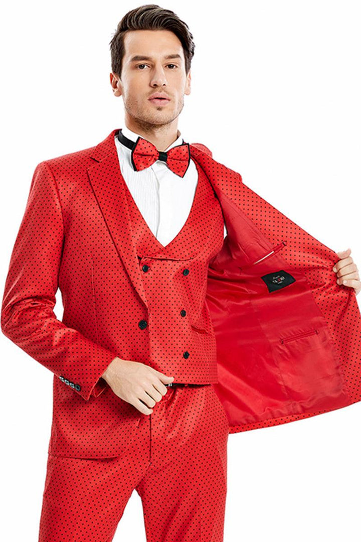 Tazio Men's Polka Dot One-Button Prom Suit in Red & Black - Elegant Mensattire