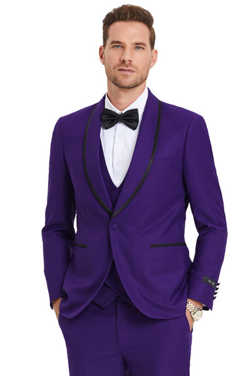 Tazio Men's Purple Birdseye Shawl Tuxedo with Black Satin Trim - Elegant Mensattire