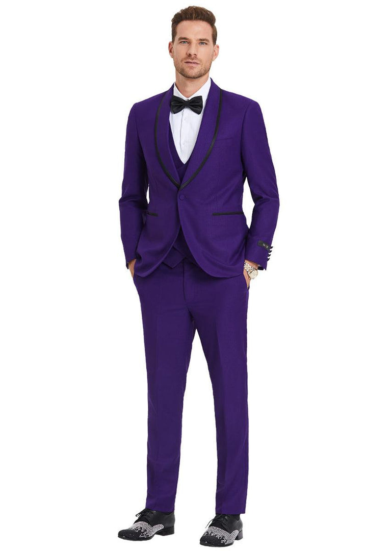 Tazio Men's Purple Birdseye Shawl Tuxedo with Black Satin Trim - Elegant Mensattire