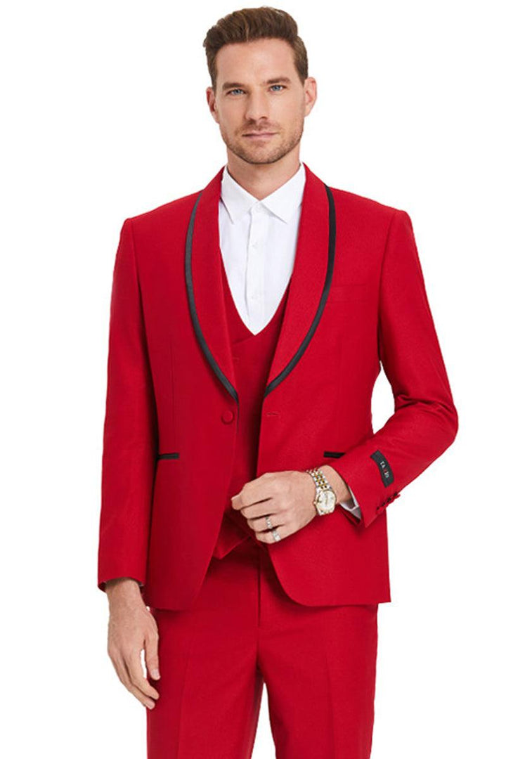 Tazio Men's Red Birdseye Tuxedo w/ Black Satin Trim Shawl Collar & One Button - Elegant Mensattire