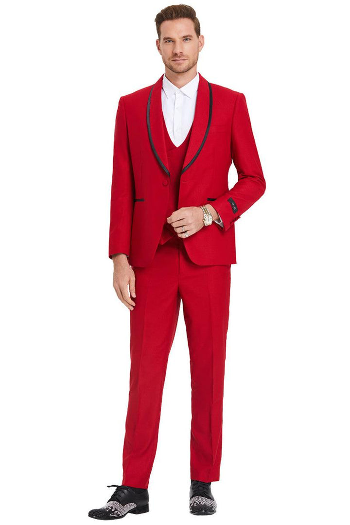 Tazio Men's Red Birdseye Tuxedo w/ Black Satin Trim Shawl Collar & One Button - Elegant Mensattire