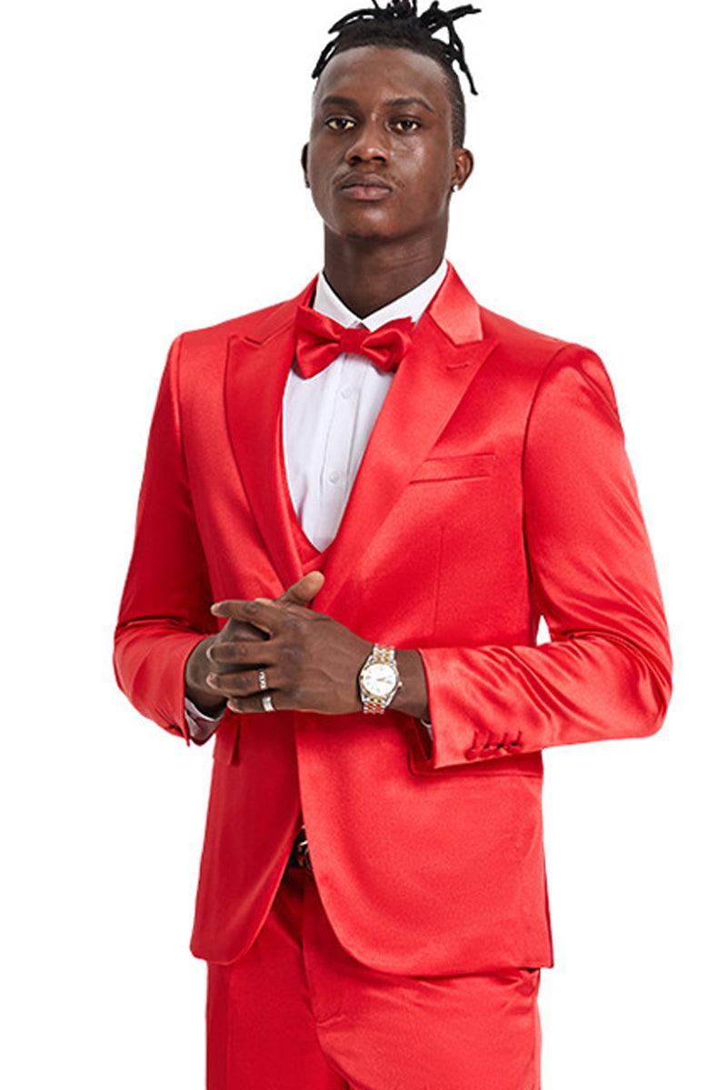 Tazio Men's Red Satin Sharkskin One-Button Suit - Prom & Wedding-Ready - Elegant Mensattire