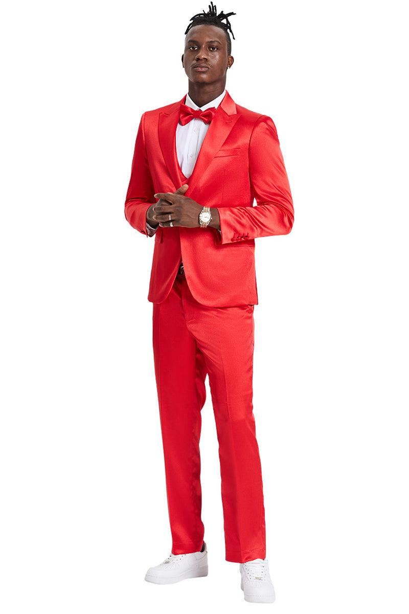 Tazio Men's Red Satin Sharkskin One-Button Suit - Prom & Wedding-Ready - Elegant Mensattire