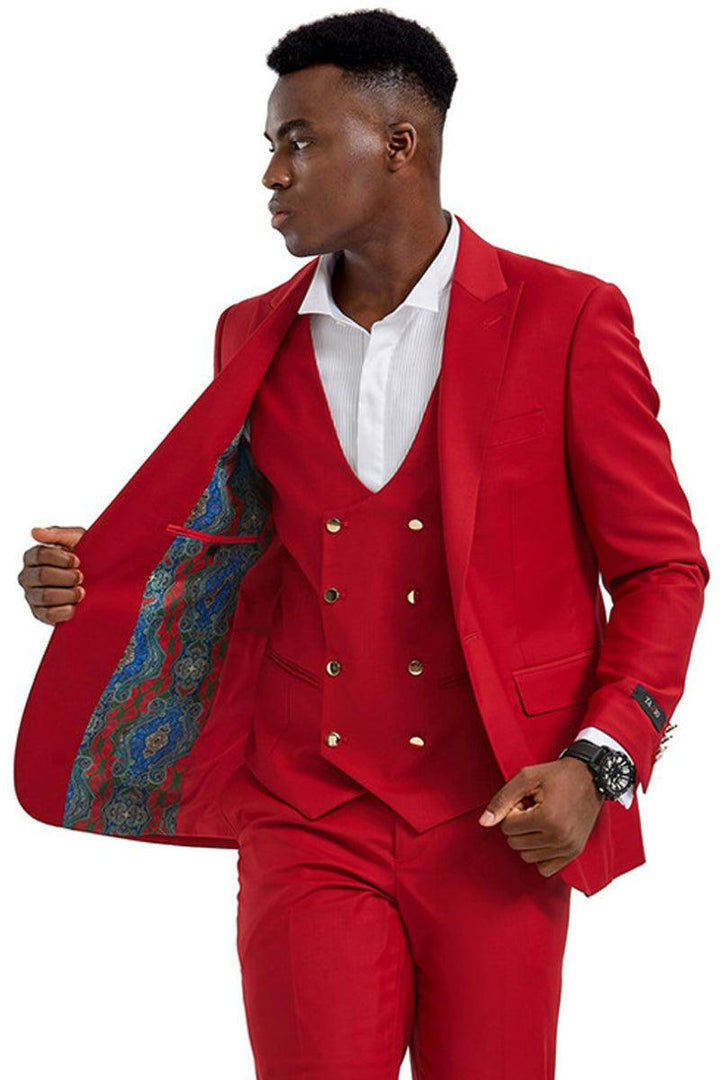 Tazio Men's Red Vested Suit w/ Gold Buttons - Peak Lapel 1-Btn - Elegant Mensattire