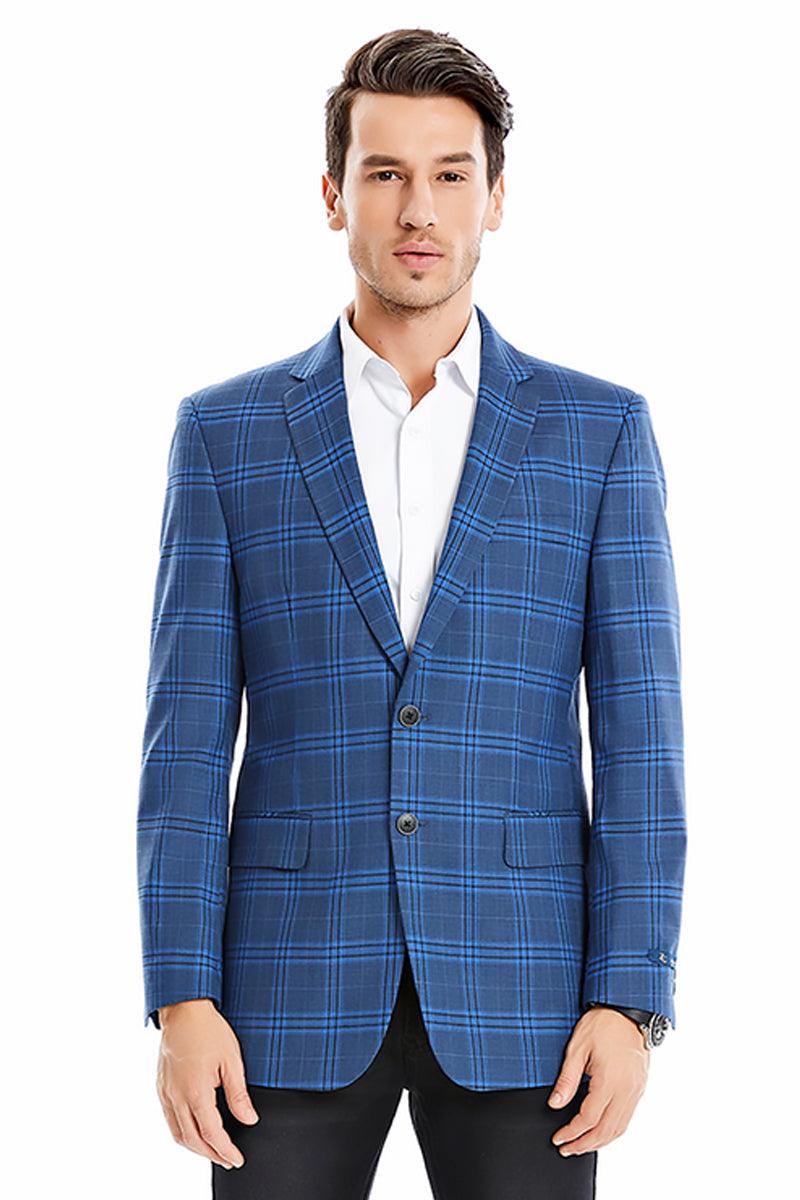 Tazio Men's Regular Fit Blazer w/ Double Windowpane Plaid in Dark Blue - Elegant Mensattire