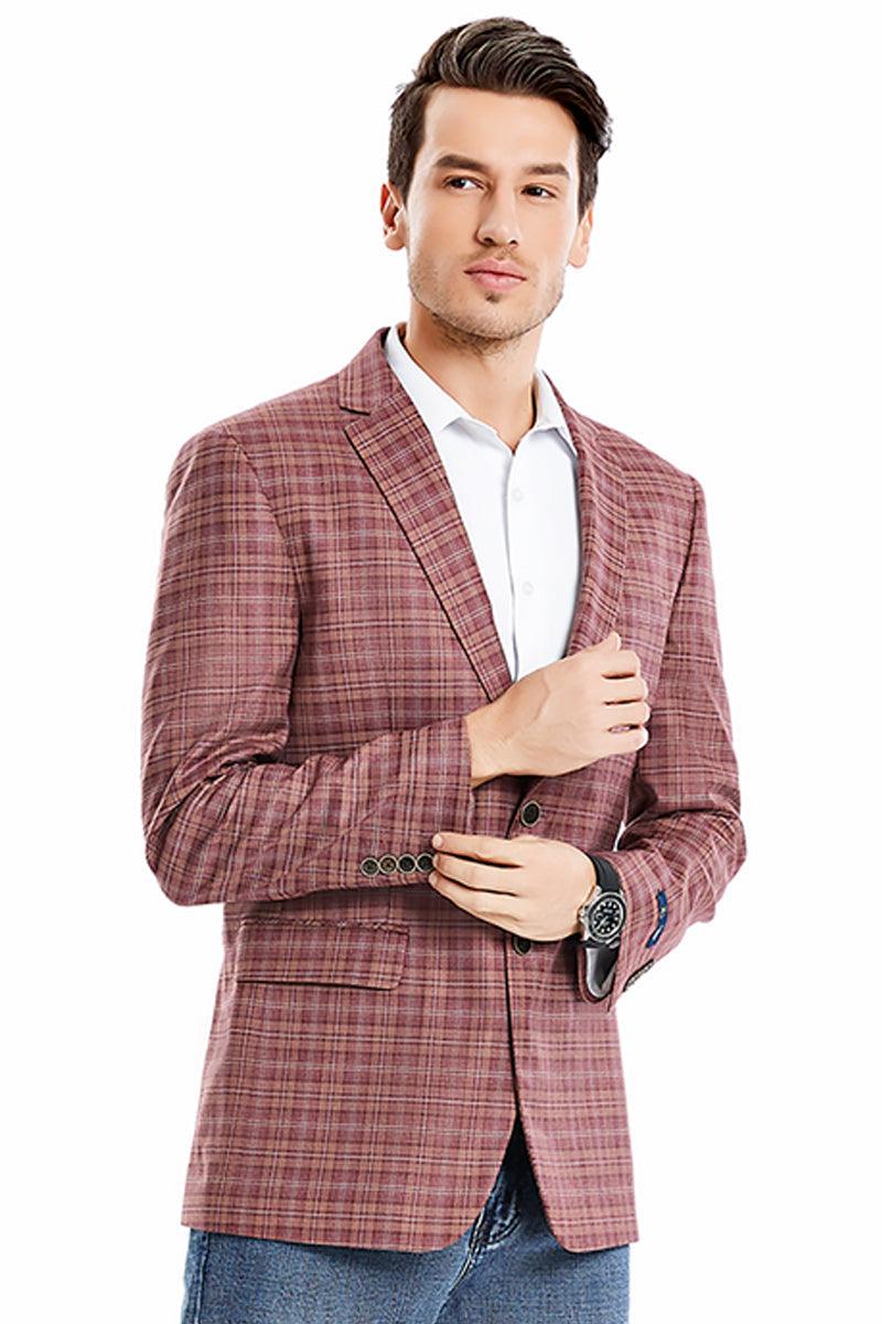 Tazio Men's Regular Fit Mauve Windowpane Plaid Blazer Sport Coat - Elegant Mensattire