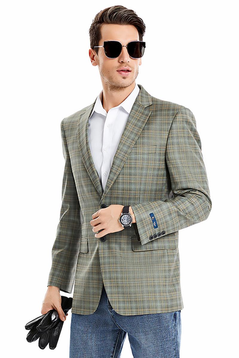 Tazio Men's Regular Fit Plaid Windowpane Blazer in Light Olive Green - Elegant Mensattire