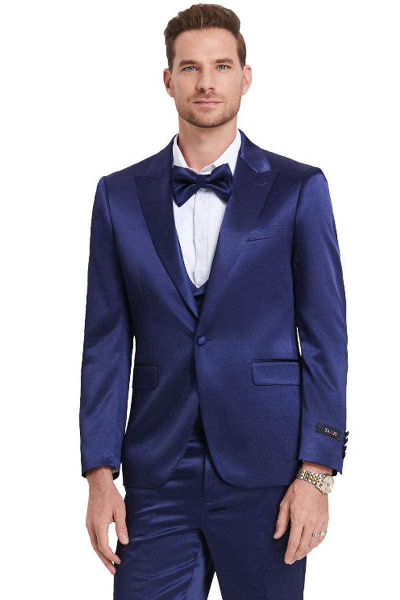 Tazio Men's Shiny Satin Sharkskin One-Button Prom Suit in Indigo Navy - Elegant Mensattire