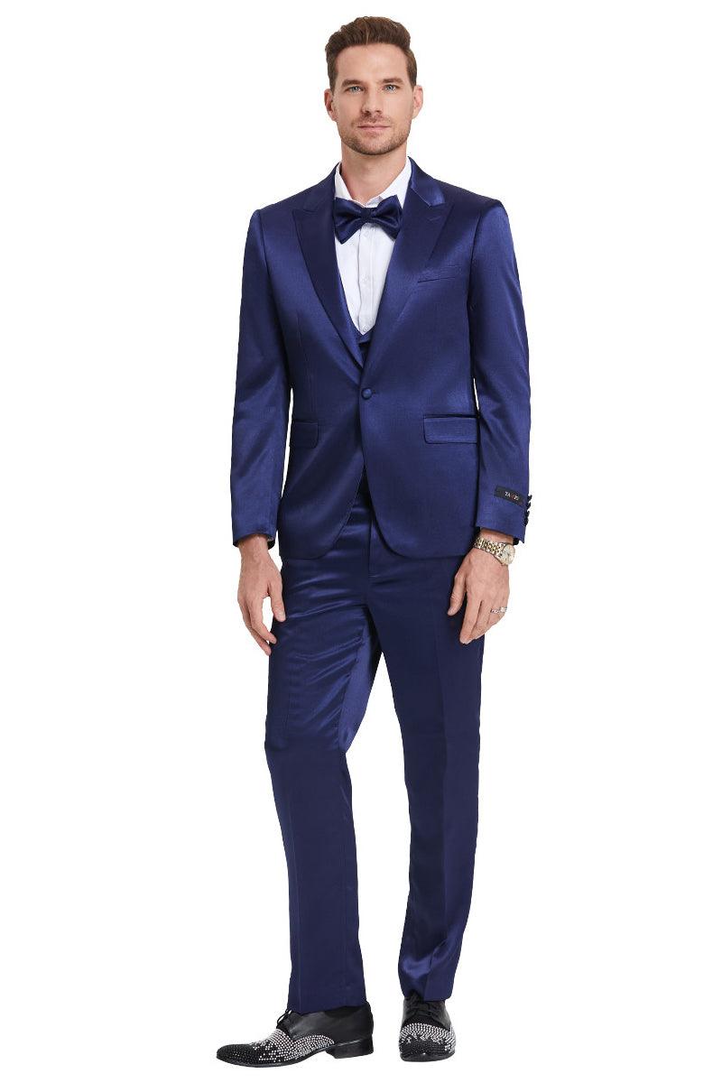 Tazio Men's Shiny Satin Sharkskin One-Button Prom Suit in Indigo Navy - Elegant Mensattire