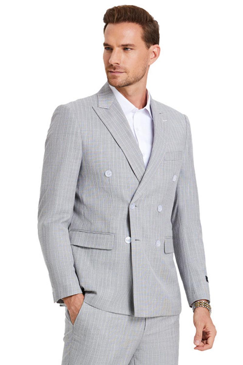 "Tazio Men's Skinny Grey Pinstripe Summer Suit" - Elegant Mensattire