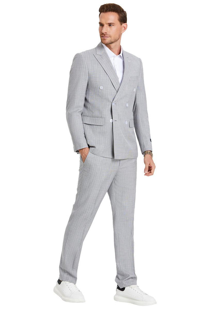 "Tazio Men's Skinny Grey Pinstripe Summer Suit" - Elegant Mensattire