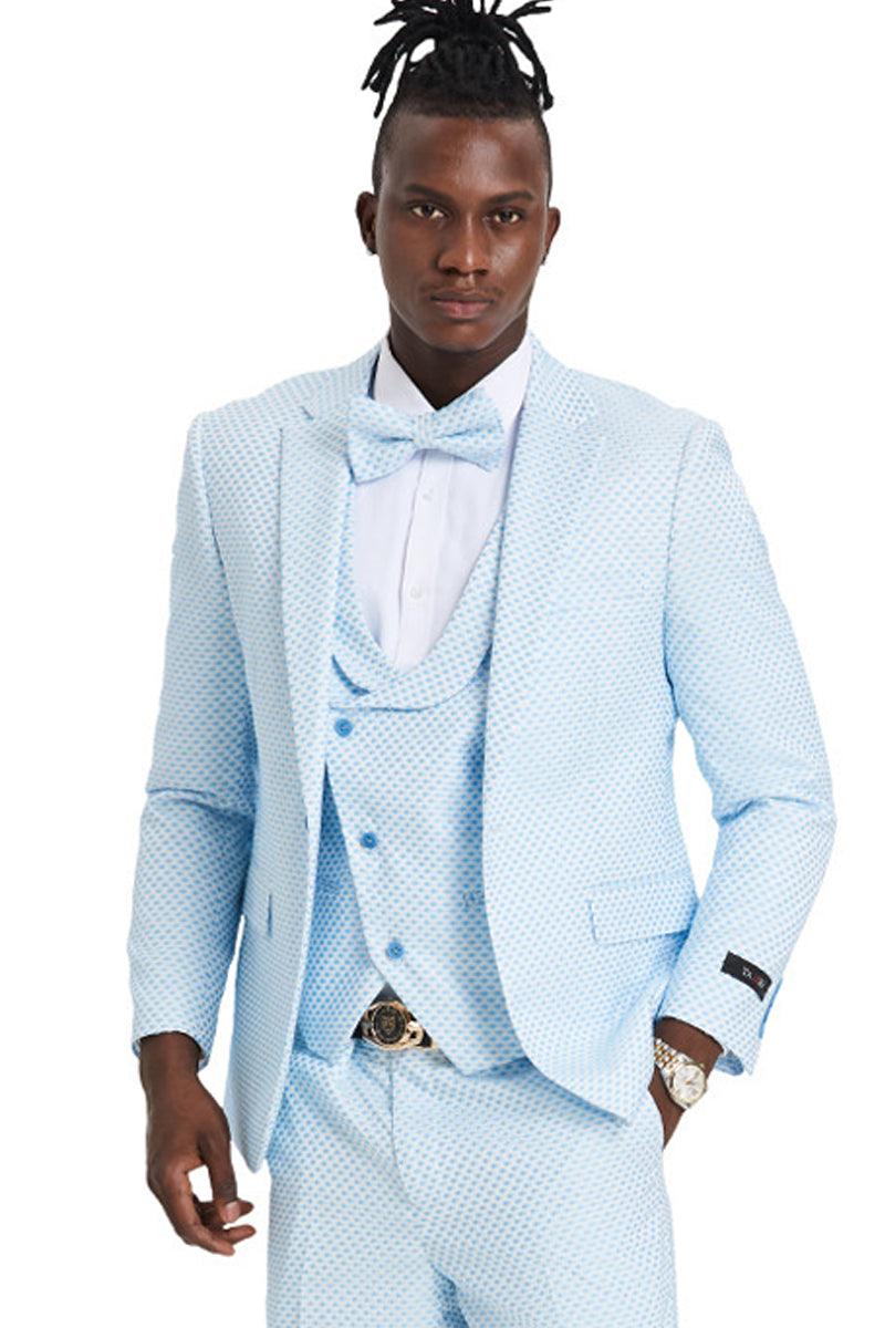 Tazio Men's Sky Blue Polka Dot Notch Lapel One-Button Suit - Wedding & Prom Ready - Elegant Mensattire