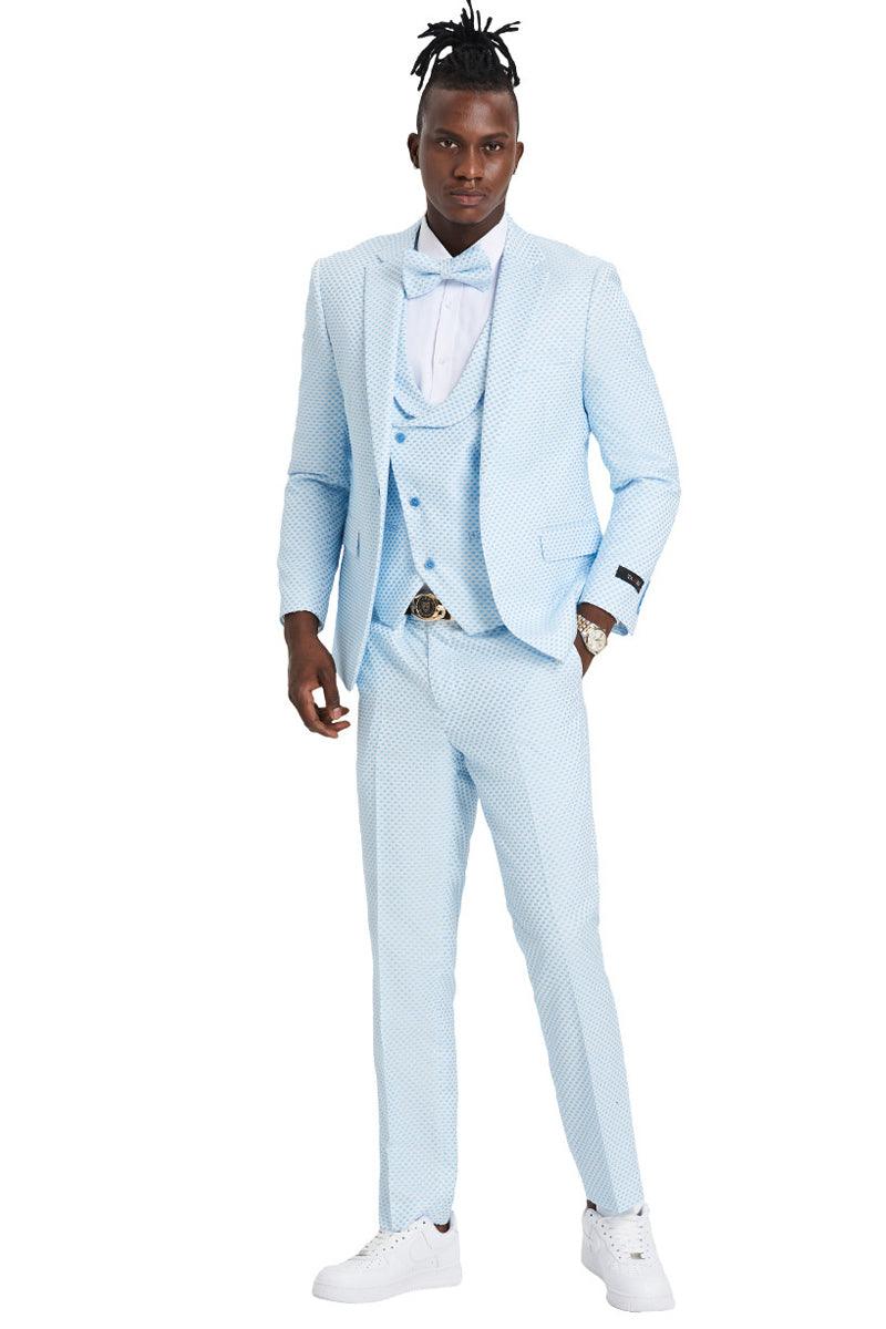 Tazio Men's Sky Blue Polka Dot Notch Lapel One-Button Suit - Wedding & Prom Ready - Elegant Mensattire