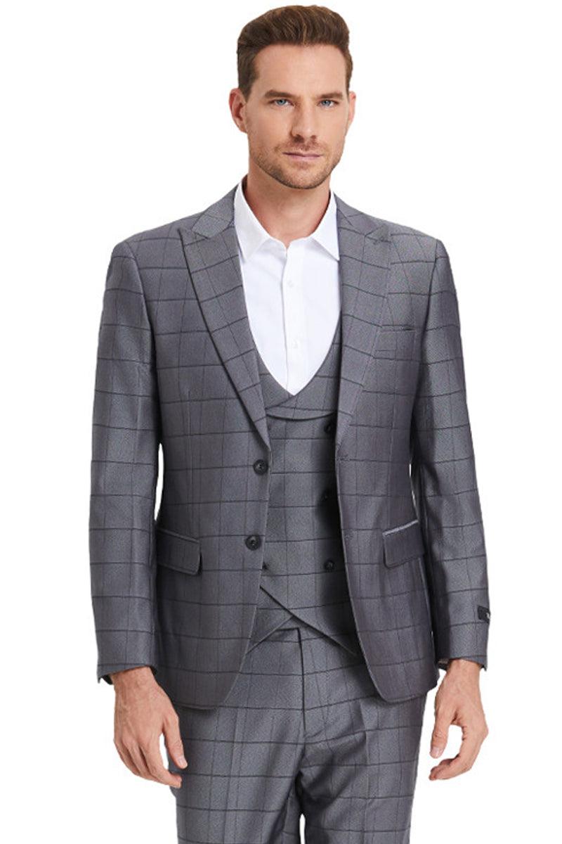 "Tazio Men's Sleek Two-Button Sharkskin Suit in Charcoal Grey Windowpane" - Elegant Mensattire