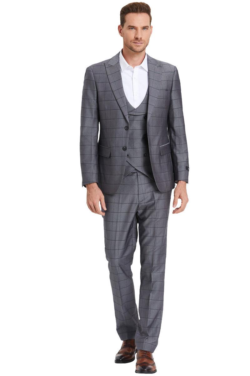 "Tazio Men's Sleek Two-Button Sharkskin Suit in Charcoal Grey Windowpane" - Elegant Mensattire