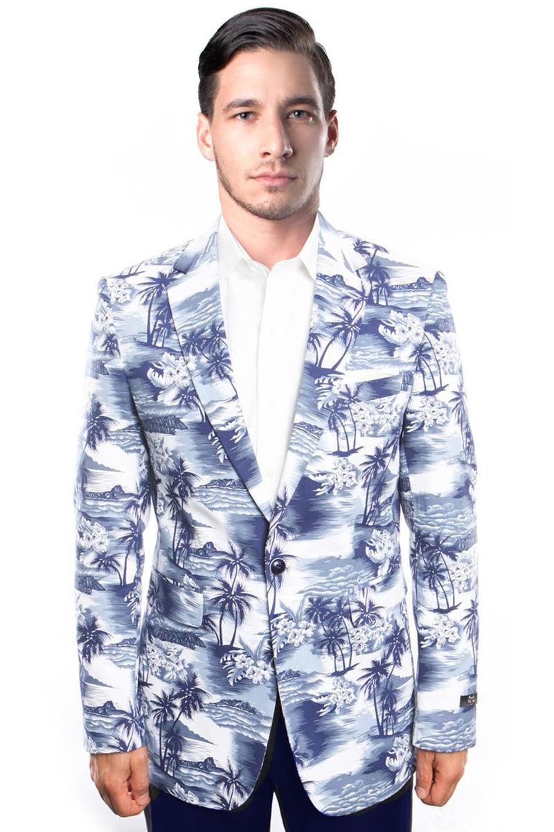 Tazio Men's Slim Blue & White Vacation Blazer with Tropical Prints - Elegant Mensattire