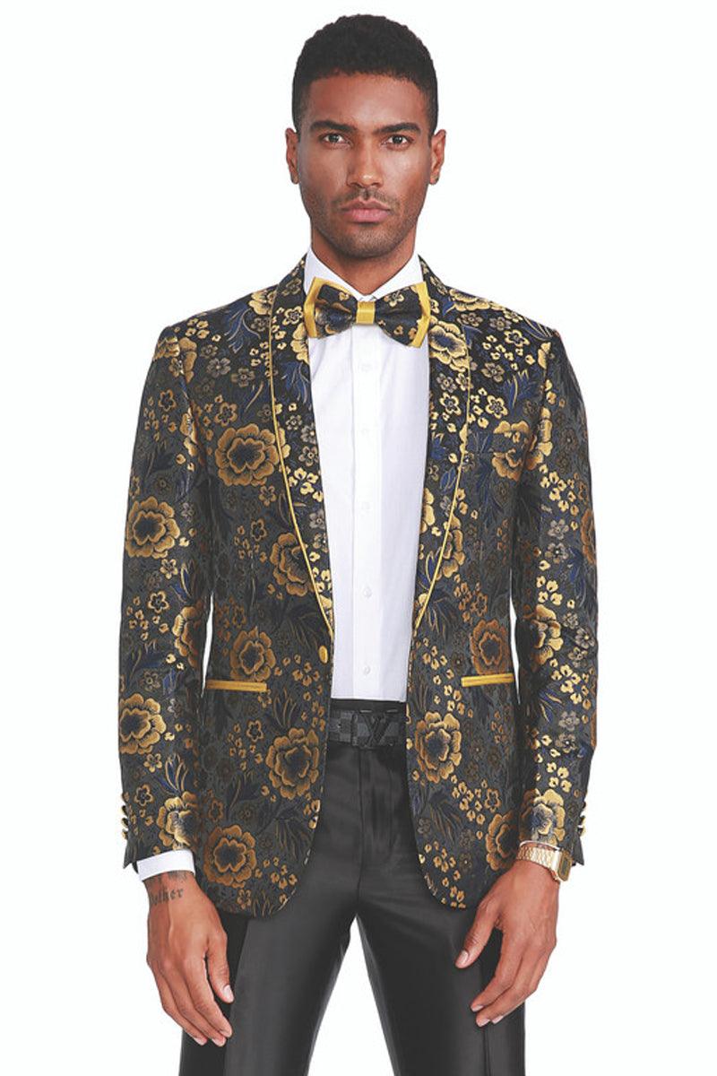 Tazio Men's Slim Fit Black & Gold Floral Paisley Prom Dinner Jacket - Elegant Mensattire