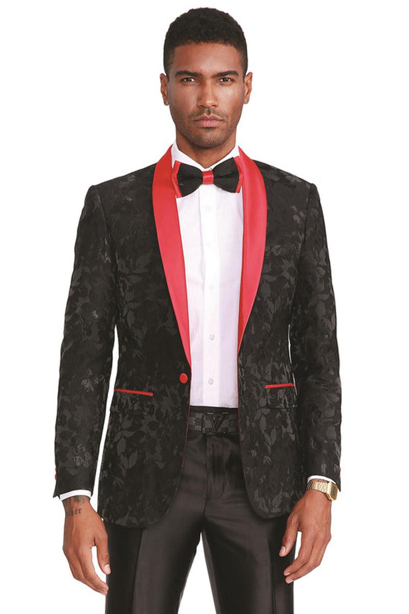 "Tazio Men's Slim Fit Black Paisley Prom Tuxedo Jacket with Red Lapel" - Elegant Mensattire