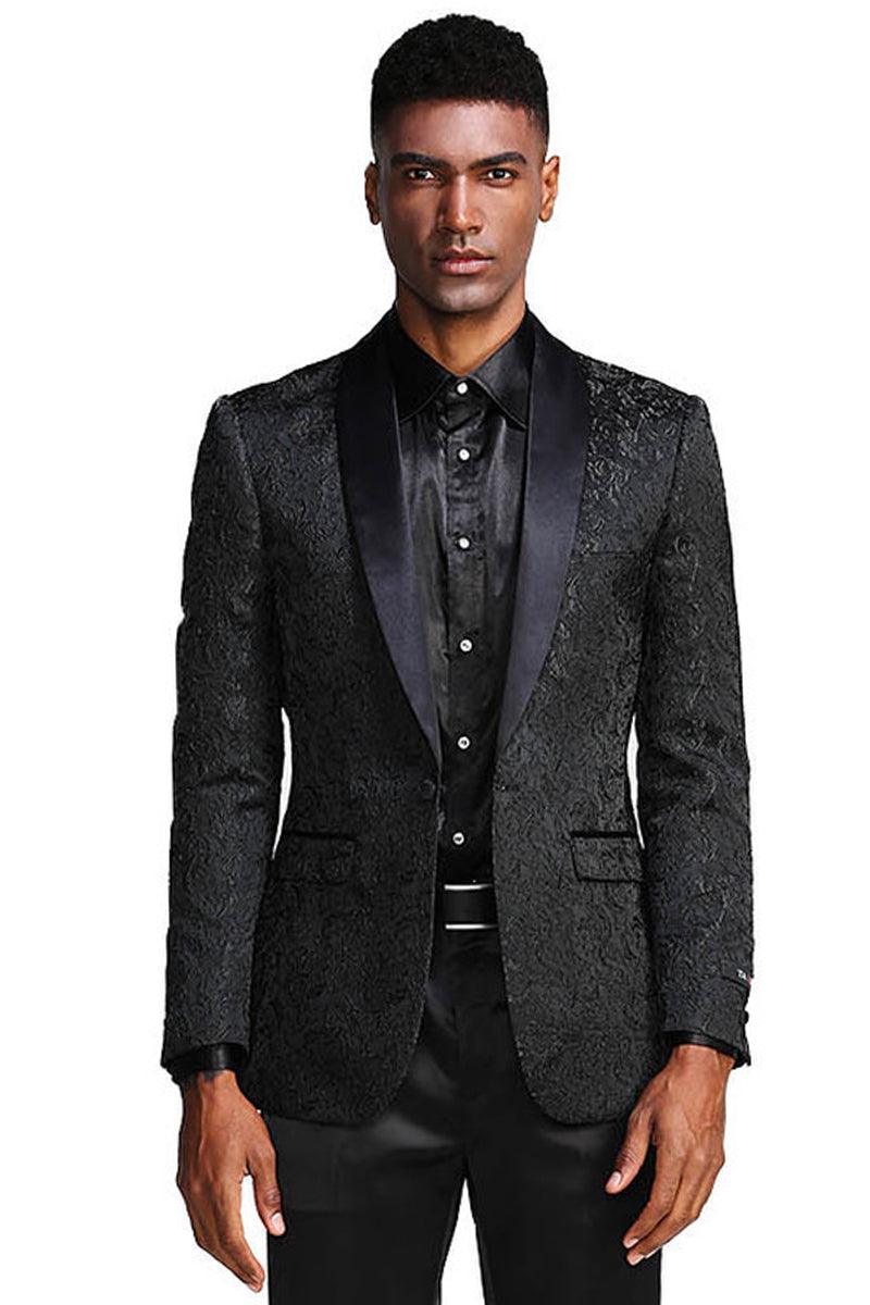 "Tazio Men's Slim-Fit Black Paisley Tuxedo Jacket - Perfect for Weddings & Prom" - Elegant Mensattire