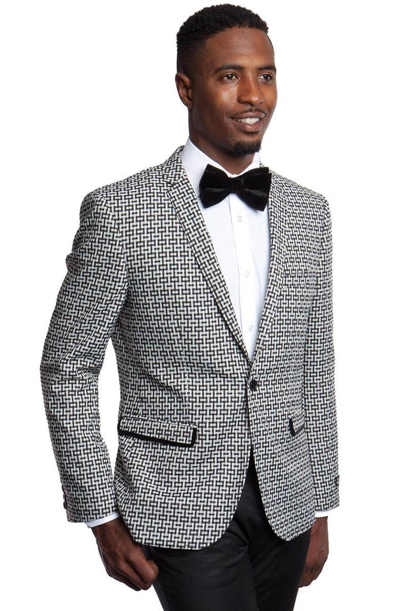 "Tazio Men's Slim-Fit Blazer: Elegant One-Button Black & White Square Pattern" - Elegant Mensattire