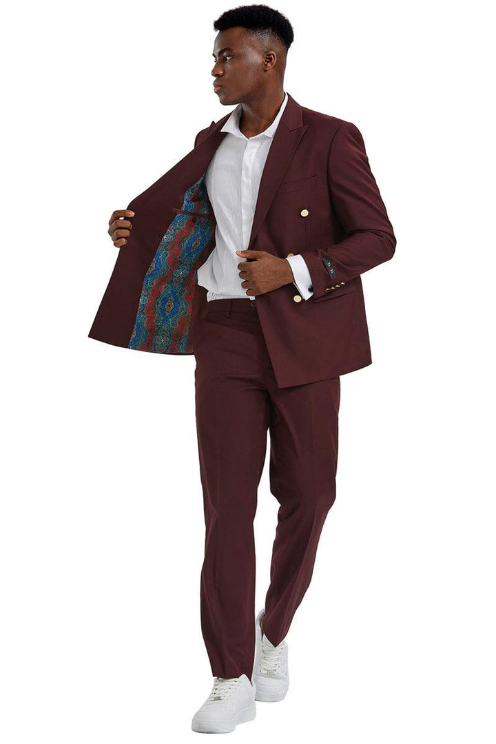 Tazio Men's Slim-Fit Burgundy Wedding Suit with Gold Buttons - Elegant Mensattire